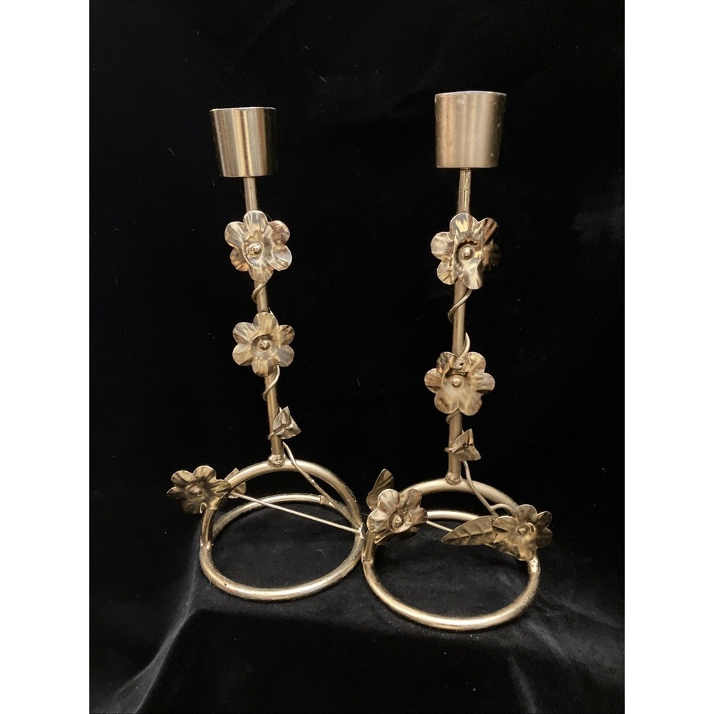 Vintage Gold Tone Floral Taper Candle Holders Pair MCM Hollywood Regency 9"